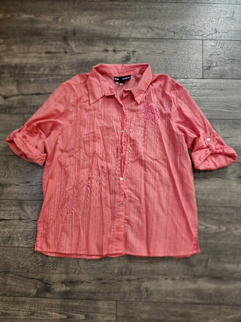 Norton Mcnaughton Womens Roll-up Top Coral Embroidered Flower Button-Down Sz 14